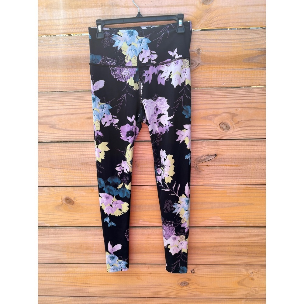 Fila Womens Floral High Waisted Leggings Black Purple Blue Yellow Size M Active